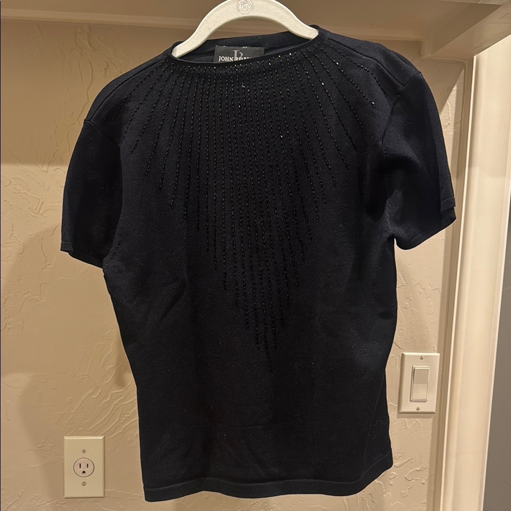 John Richmond Black Short-Sleeve Knit Top with Beaded Detail